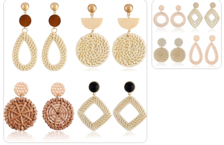 Hand-Woven Wood and Rattan Geometric Bohemian Earrings SET - 8 Pairs for £29/-