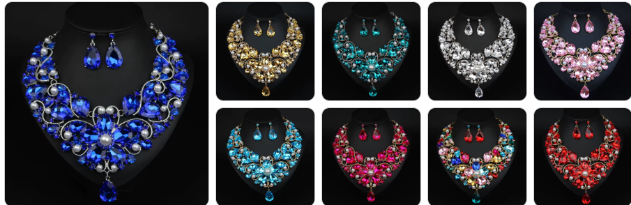 Punk Zircon Flower Waterdrop Platinum Crystal Necklace and Earrings SET - 9 Complete Sets for £79/-