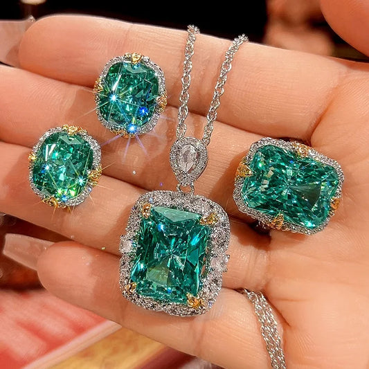 Gemfiori Luxury Retro Paraiba Green Gem Jewelry Set Copper Gold Plated Cushion Cut Green Rhinestone Halo Pendant Necklace Earrings Rings