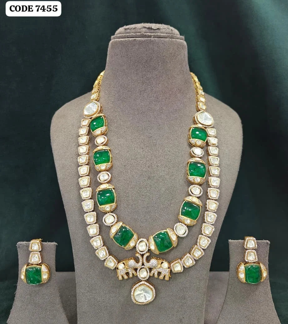 Premium Designer Green Pink Kundan Necklace Set Gold Plated Elephant Pendant Bridal Wedding Party Wear Jewelry Wholesale India
