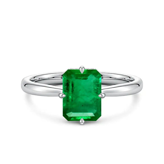 14K Solid Gold Solitaire Emerald-Cut Emerald Engagement Ring with Hidden Halo Handmade Customized Fine Jewelry Wedding