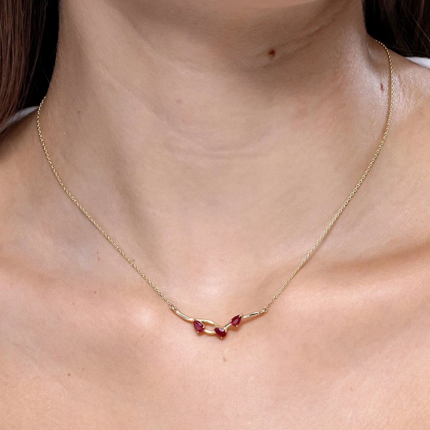 14K Solid Gold Pear-Shaped Red Ruby Gemstone Tree Branch Design Nature Inspired Pendant Fine Jewelry Link Chain Necklace For Her