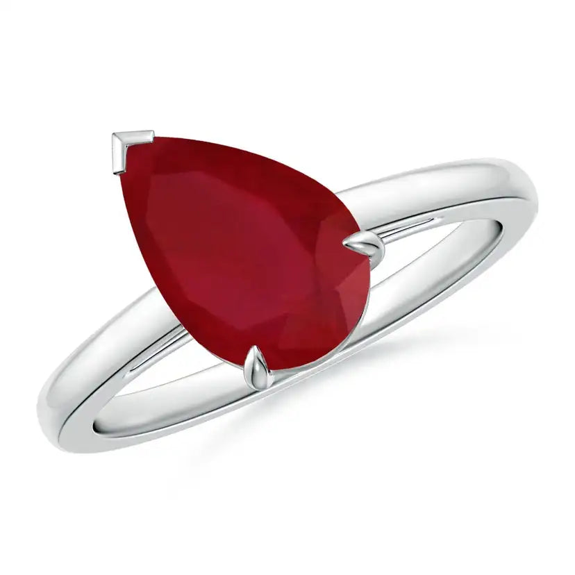 14K Solid Gold Claw-Set Tilted Pear Ruby Solitaire Engagement Ring Handmade Customized Fine Jewelry Wedding