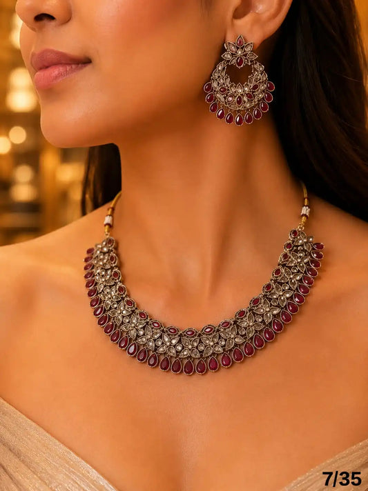 Lakshmi Designer Antique Gold Plated Ruby Red Kundan Necklace Set with Earrings Bridal Wedding Party Wear Fashion Jewelry Set For Women.