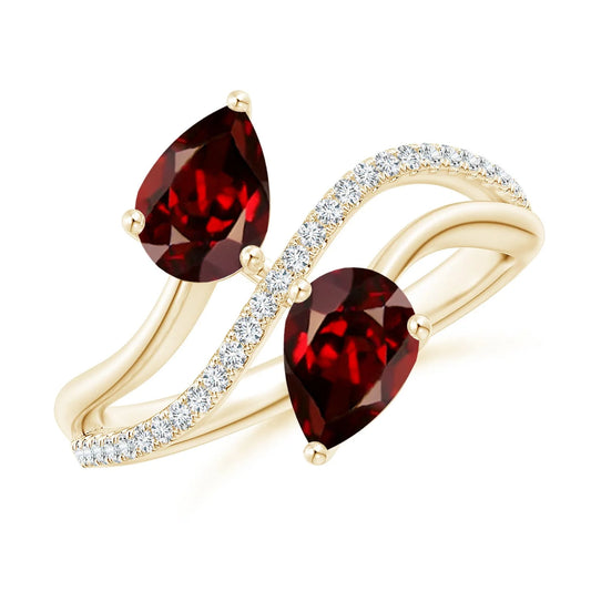 14K Solid Gold Pear-Cut Natural Red Garnet Gemstone Two-Stone Bypass Ring Top Quality Garnet With Pave Diamond Dual Shank Ring