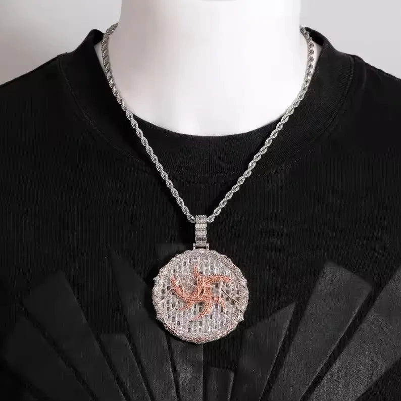 BiG-BOSS Iced Out Round Flame Moissanite Pendant with Bezel Setting in Silver and Rose Gold Tone Hip Hop Jewelry for Men and Women