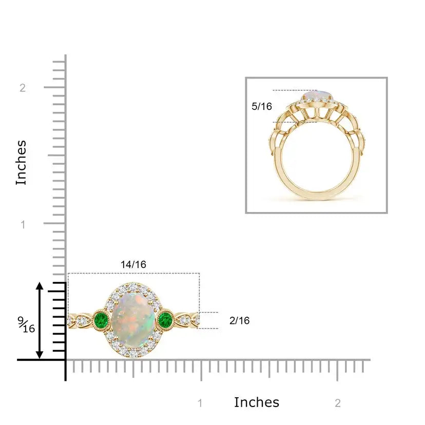 14K Solid Gold Vintage Oval Opal and Diamond Halo Ring with Bezel Emerald Handmade Customized Fine Jewelry Wedding Engagement