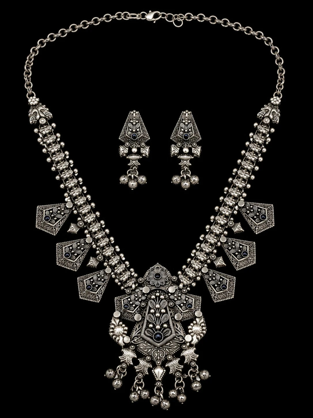 Gold Plated Oxidized Antique Silver Zircon Bezel Setting Necklace Earring Set Handmade Indian Bohemia Flower Engagement Party