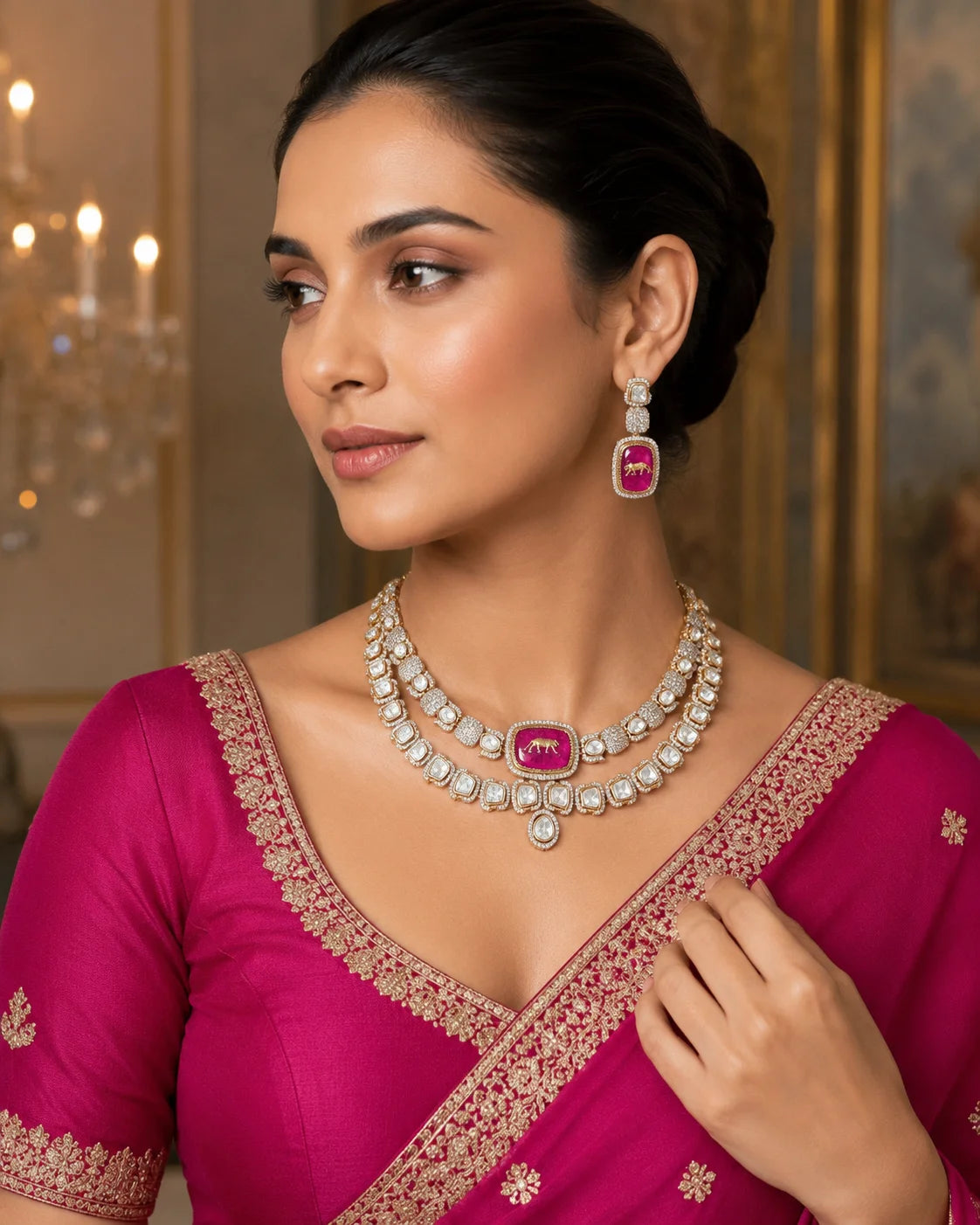 Luxury CZ Kundan Necklace Set for Women Gold Plated Bridal Wedding Party Designer Jewelry with Earrings Pink Pendant For Women