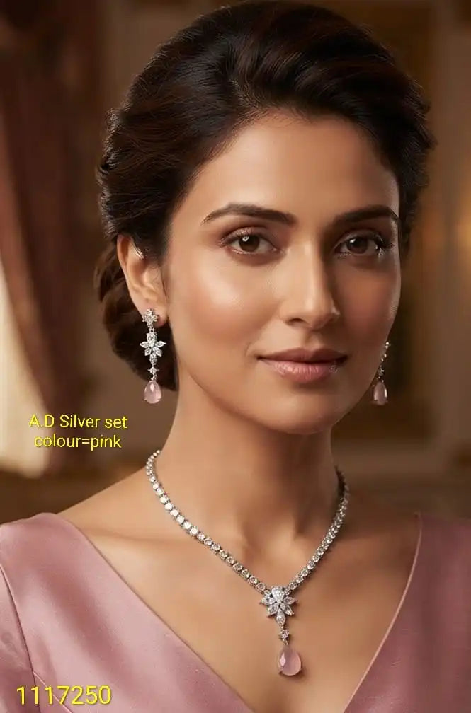 Luxury Pink Floral Drop AD Silver Necklace Set Premium Wedding Party Wear Jewelry with Matching Earrings for Women Set