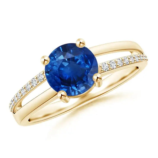 14K Solid Gold Split Shank Blue Sapphire Solitaire Engagement Ring with Diamond AccentsHandmade Customized Fine Jewelry Wedding
