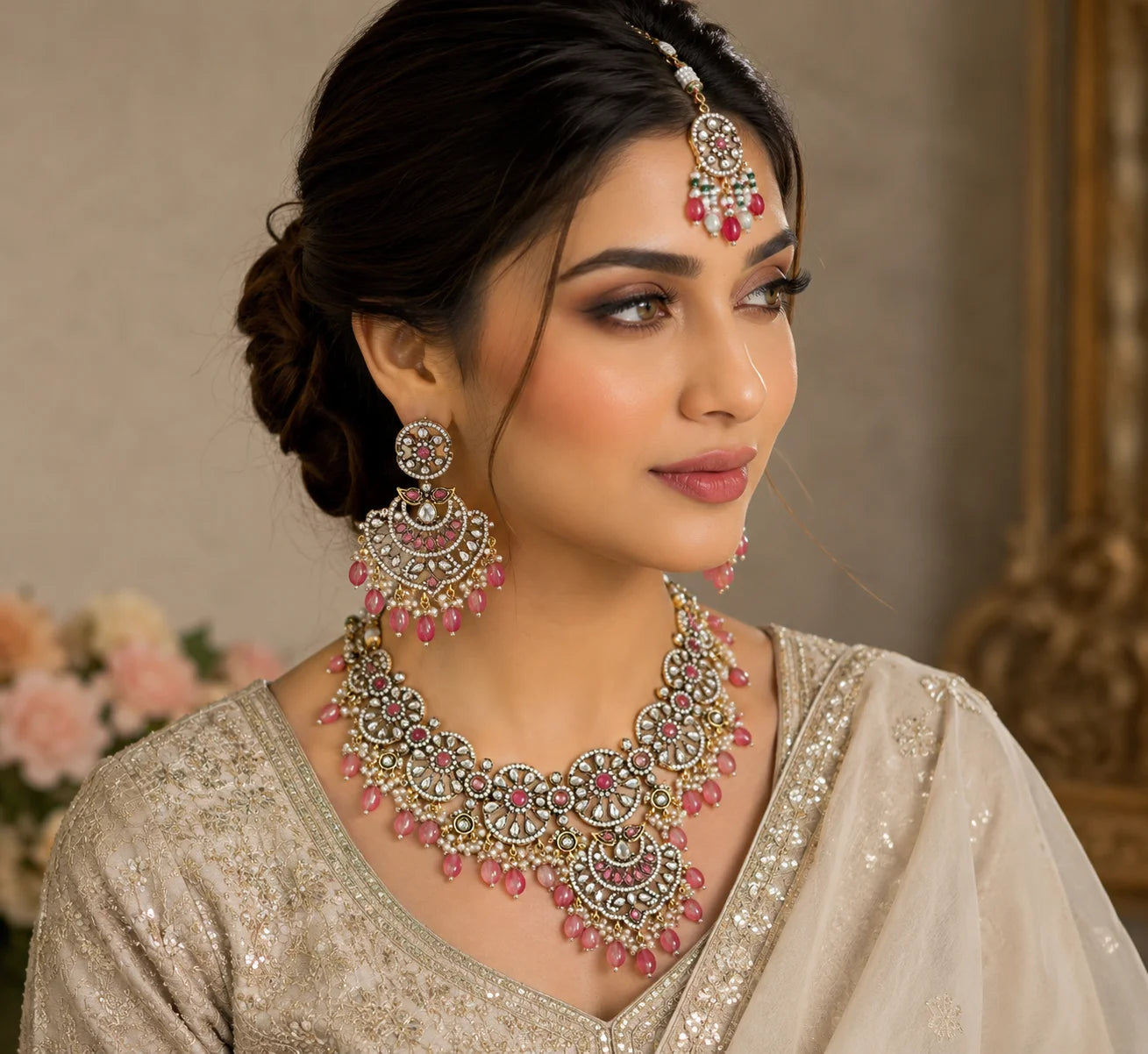Luxury Pink Floral AD Necklace Set with Matching Earrings and Maang Tikka Cubic Zirconia Rhodium Plated Bridal Wedding For Women