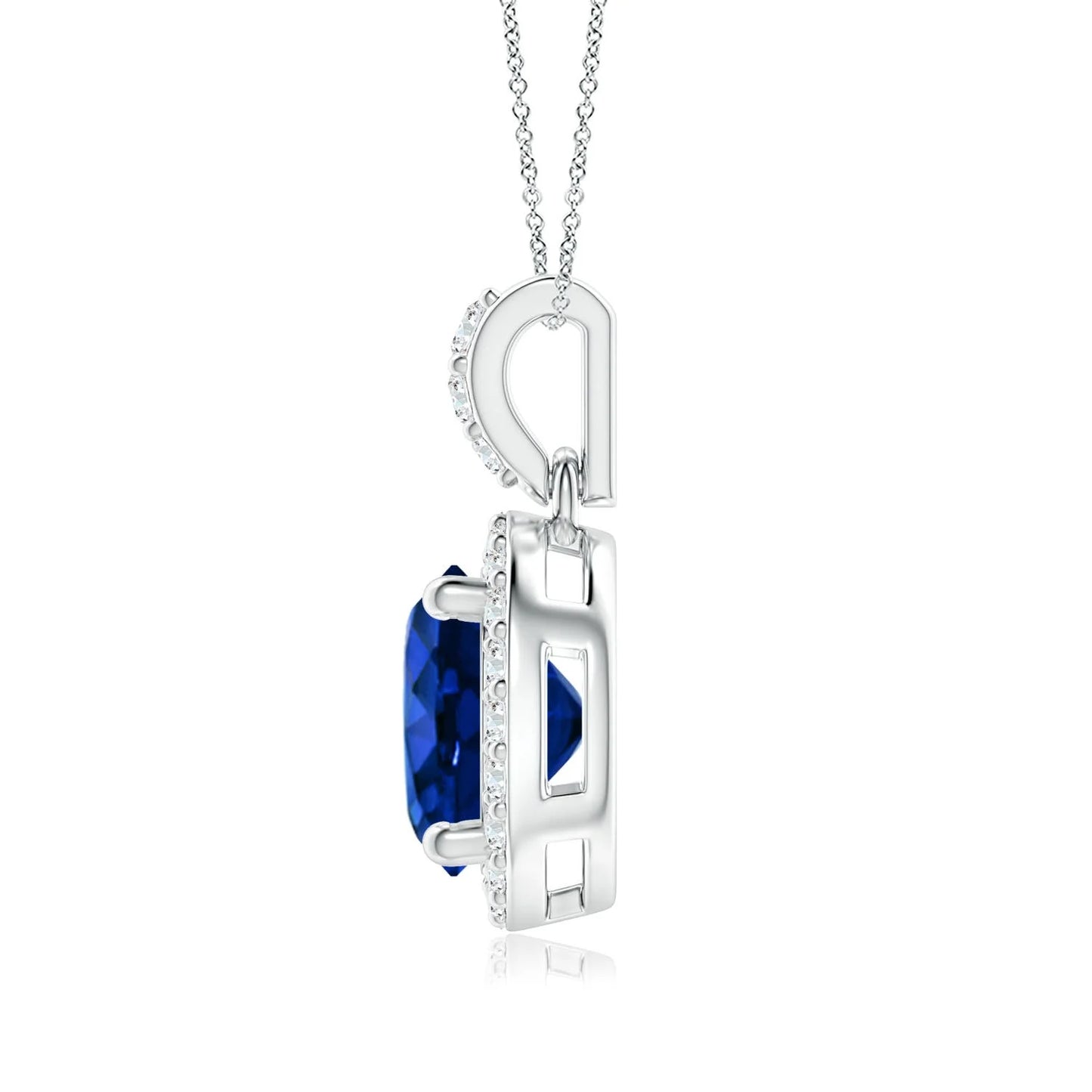 High Quality 14K Gold Round Cut Blue Sapphire Dangle Pendant with Natural Diamond Halo IGI Certified Fine Jewelry Chain Necklace