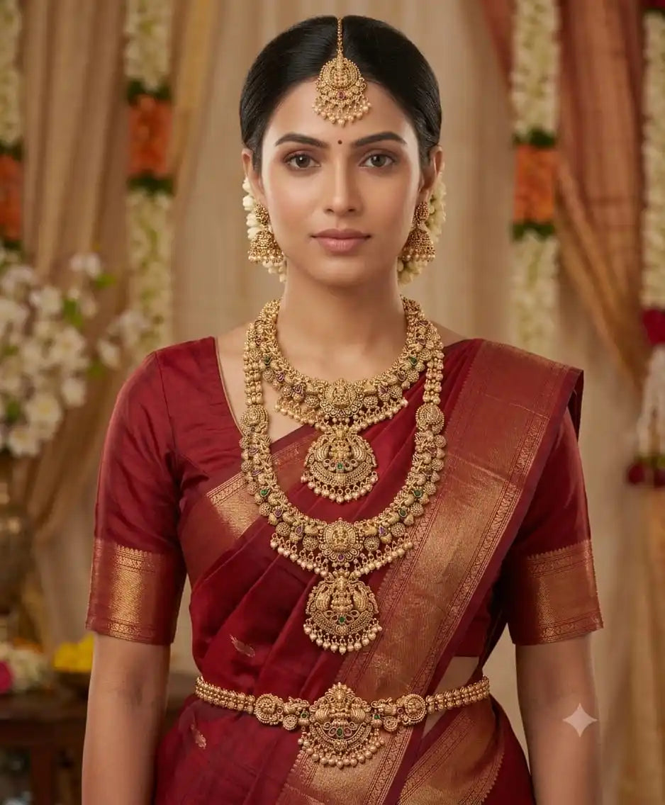 Luxury Temple Jewellery Bridal Necklace Set Antique Gold Plated Brass Long Haram Choker Vaddanam Wedding Set for Women Set
