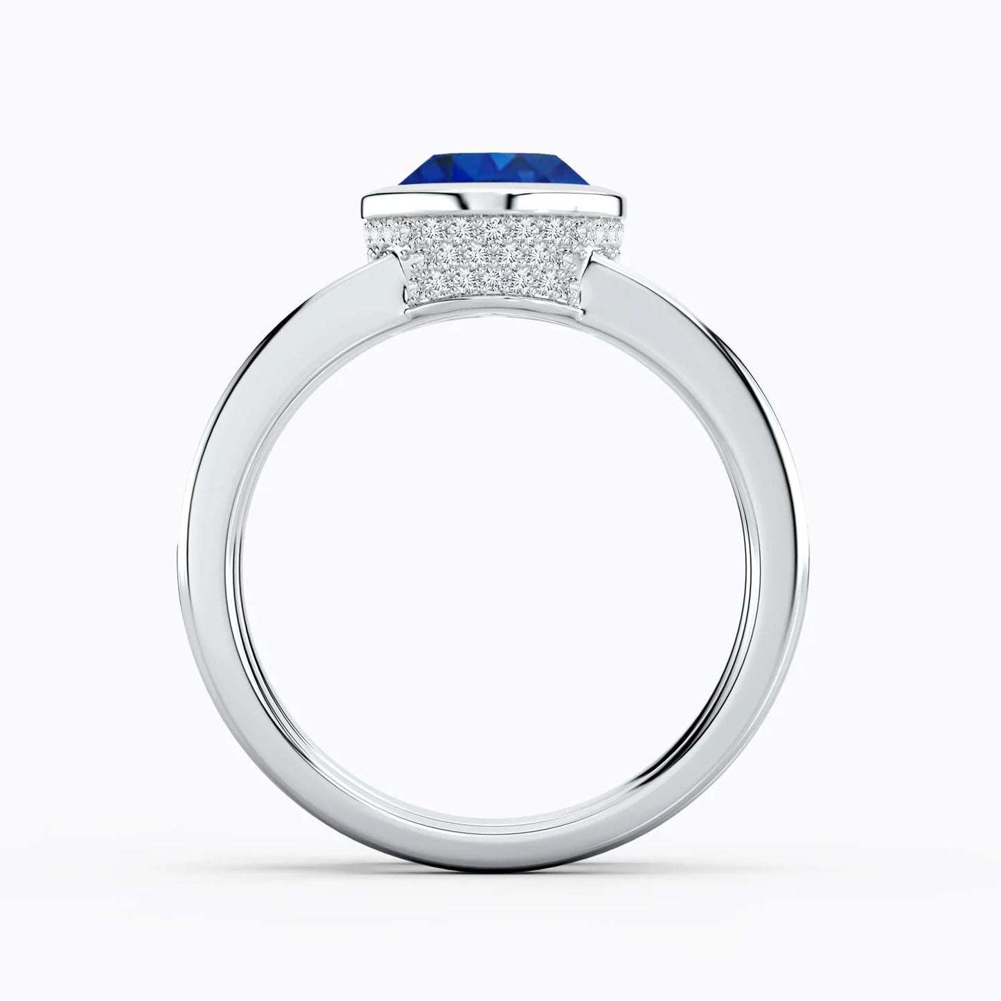 14K Gold Bezel-Set Oval Cut Natural Blue Sapphire Dual Shank Ring with Pave Accent Diamond Customized Jewelry Engagement Ring