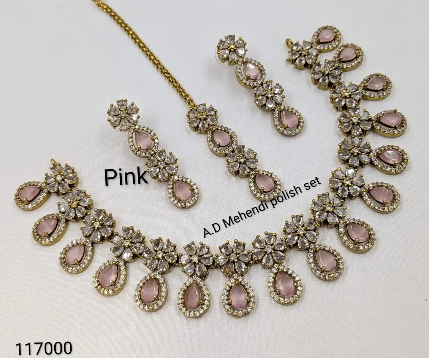 AD Green Mehendi Polish Necklace Set with Earrings and Maang Tikka, Bridal Artificial Jewellery, American Diamond Floral Design