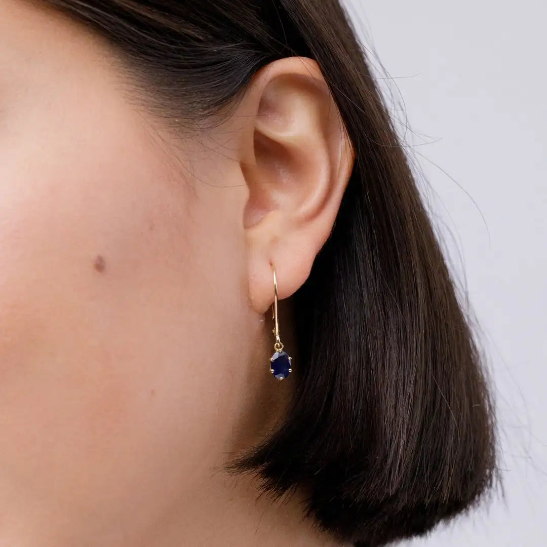 Oval Blue Sapphire Leverback Earrings in 14kt Solid Gold | Classic Royal Blue Gemstone Drop Earrings