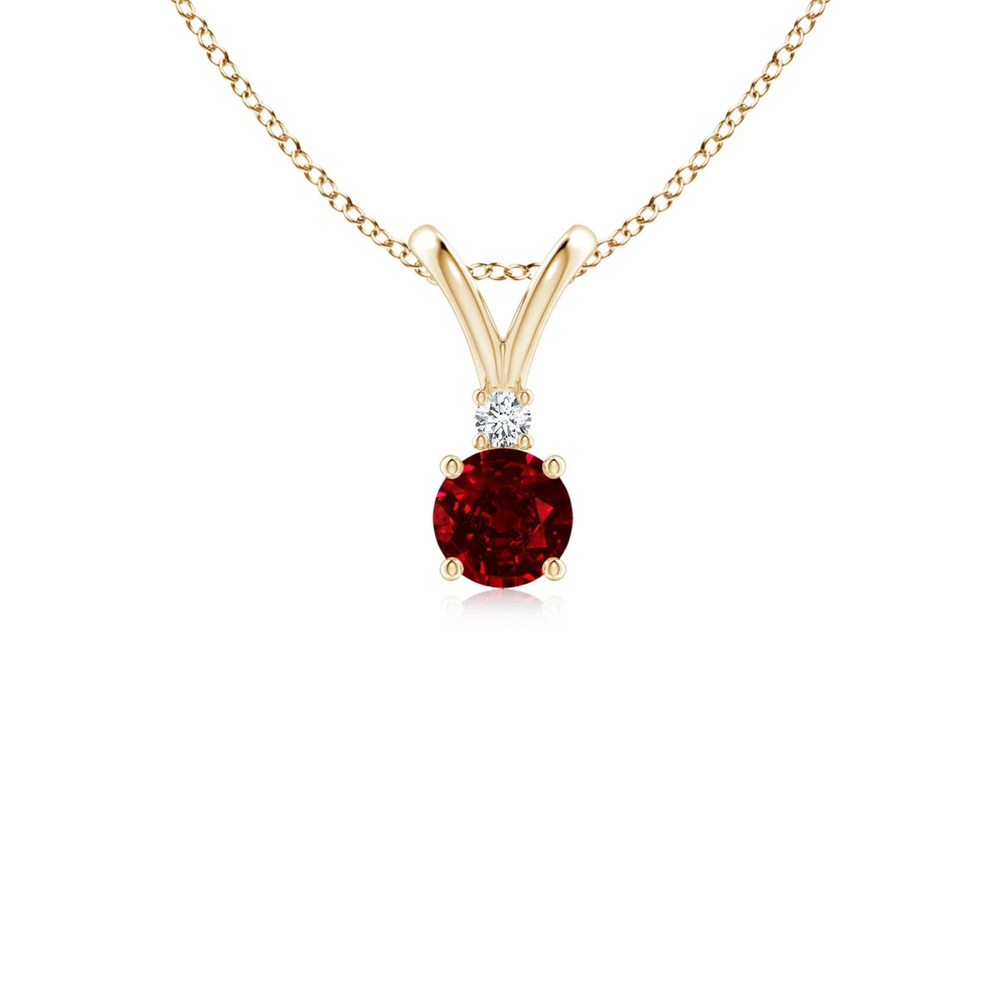 14K Gold Round Brilliant Cut 0.24 Ctw Ruby Gemstone Solitaire V-Bale Pendant with 0.1 Ct Diamond Luxury Stylish Pendant Necklace