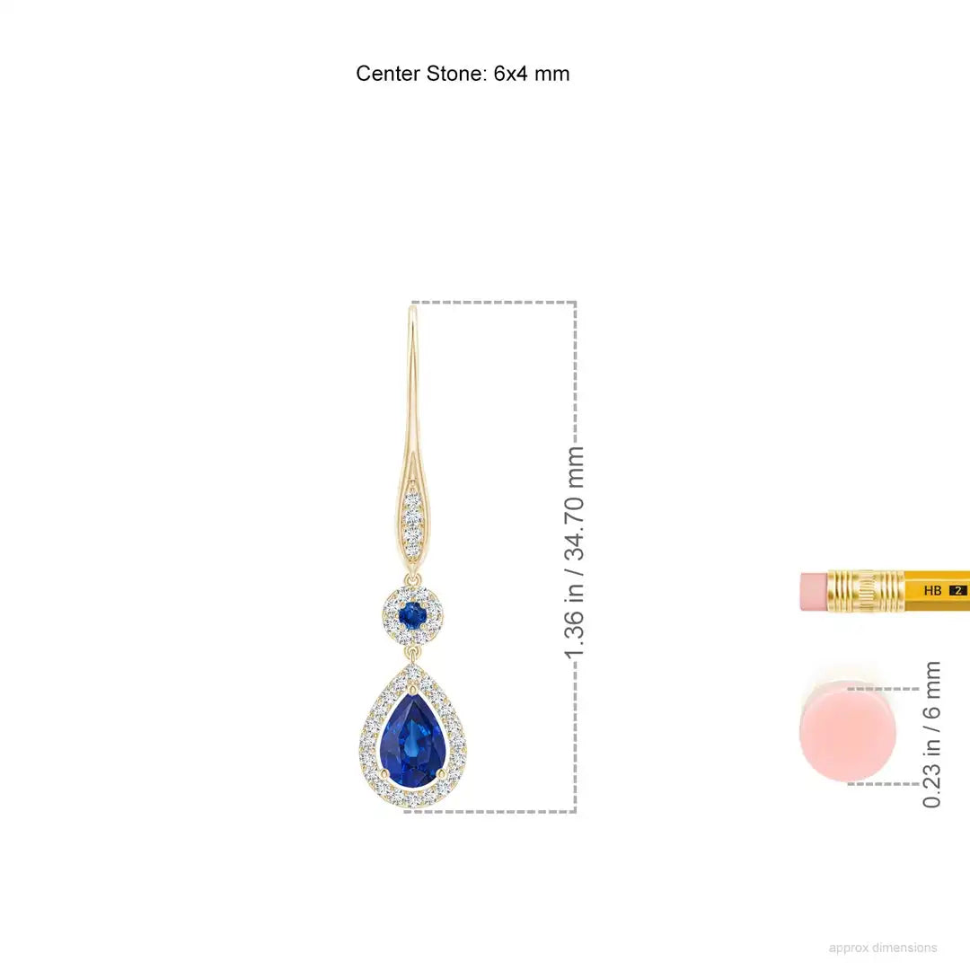Blue Sapphire Pear and Round Halo Dangle Earrings With Real Diamond 14kt White Gold Women's Engagement Jewelry