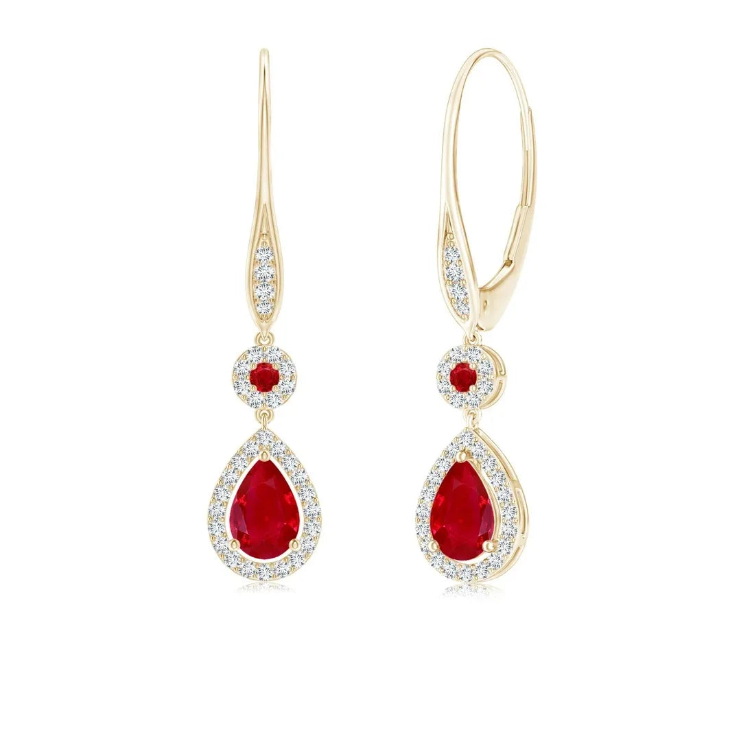 Pear Cut Ruby Halo Drop Dangle Earrings With Natural Diamond Accents 14kt Yellow Gold Women's Bridal Jewelry
