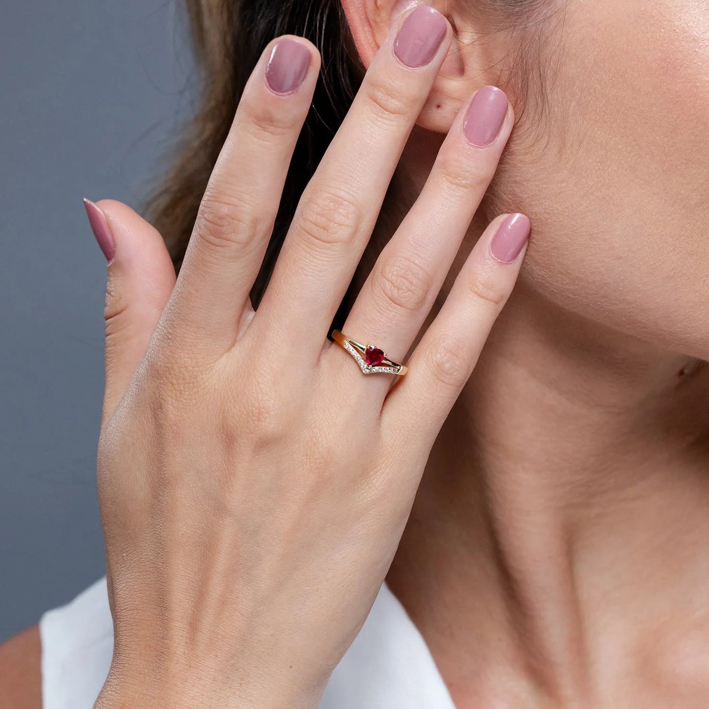 14K Solid Gold Natural Solitaire Heart Cut Ruby & Diamond Chevron Ring Latest Arrival Fine Jewelry Romantic Designer Unisex Ring