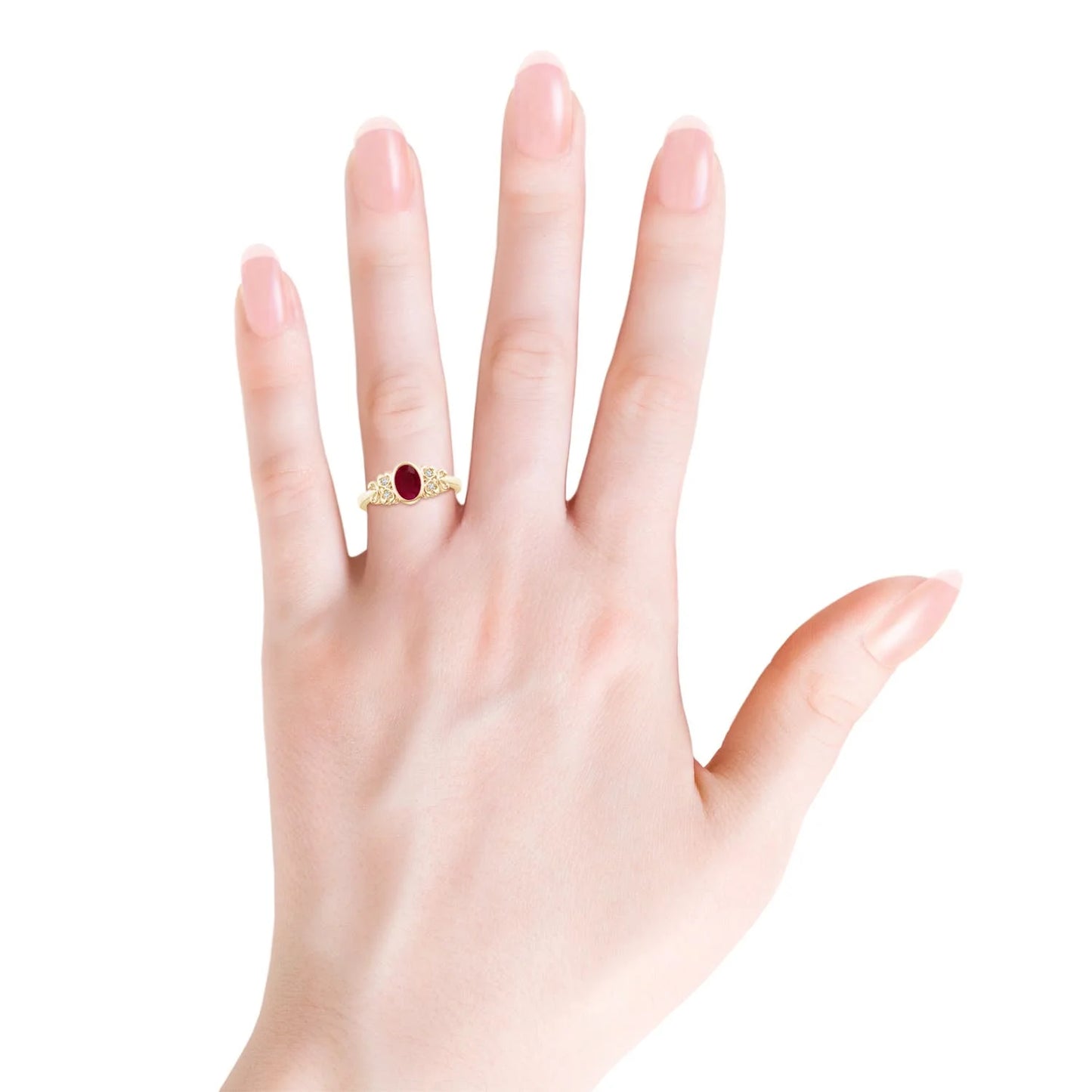 14K Solid Gold Vintage Style Bezel-Setting Oval Cut Natural Ruby Gemstone Ring with Side Diamonds Designer Band Engagement Ring
