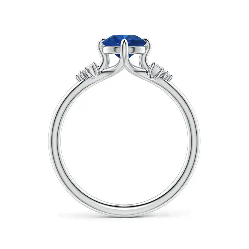 Round Blue Sapphire Engagement Ring with Mixed Cut Diamonds Handmade Customized Fine Jewelry Wedding 14K Solid Gold