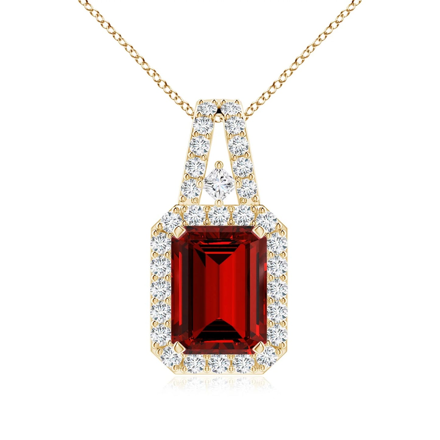 3.35G 14K Gold Natural Emerald-Cut 0.5Ct Red Ruby Halo Pendant With 0.15Ct Natural Diamond Fine Jewelry Custom Handmade Necklace