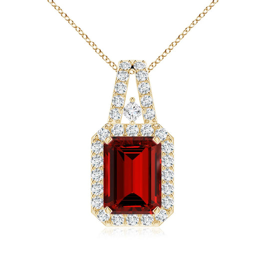 3.35G 14K Gold Natural Emerald-Cut 0.5Ct Red Ruby Halo Pendant With 0.15Ct Natural Diamond Fine Jewelry Custom Handmade Necklace