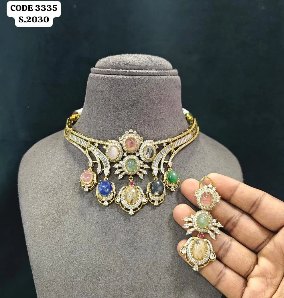 Luxury Multi Stone Bridal Choker Necklace Set for Women Wedding Party Designer Ethnic Jewelry Gift Collection Premium Set