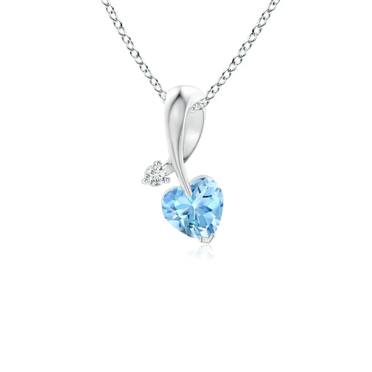 Natural Heart Cut Aquamarine And Round Cut Diamond in Ribbon Style Bale 14K Gold Pendant IGI Certified Gemstone Pendant Necklace