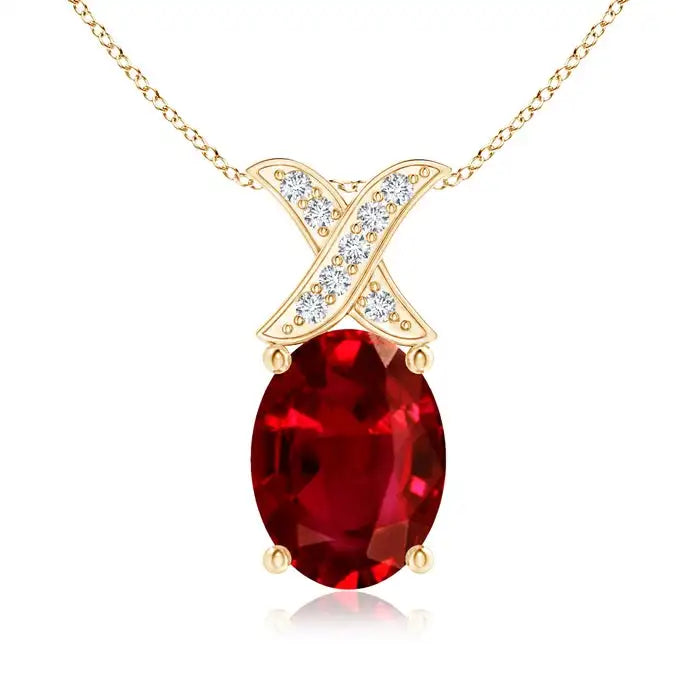 14K Solid Gold Natural Oval Cut Red Ruby X Shape Diamond Inlaid Pendant Unisex Fine Jewelry Birthstone Luxury Handmade Pendant