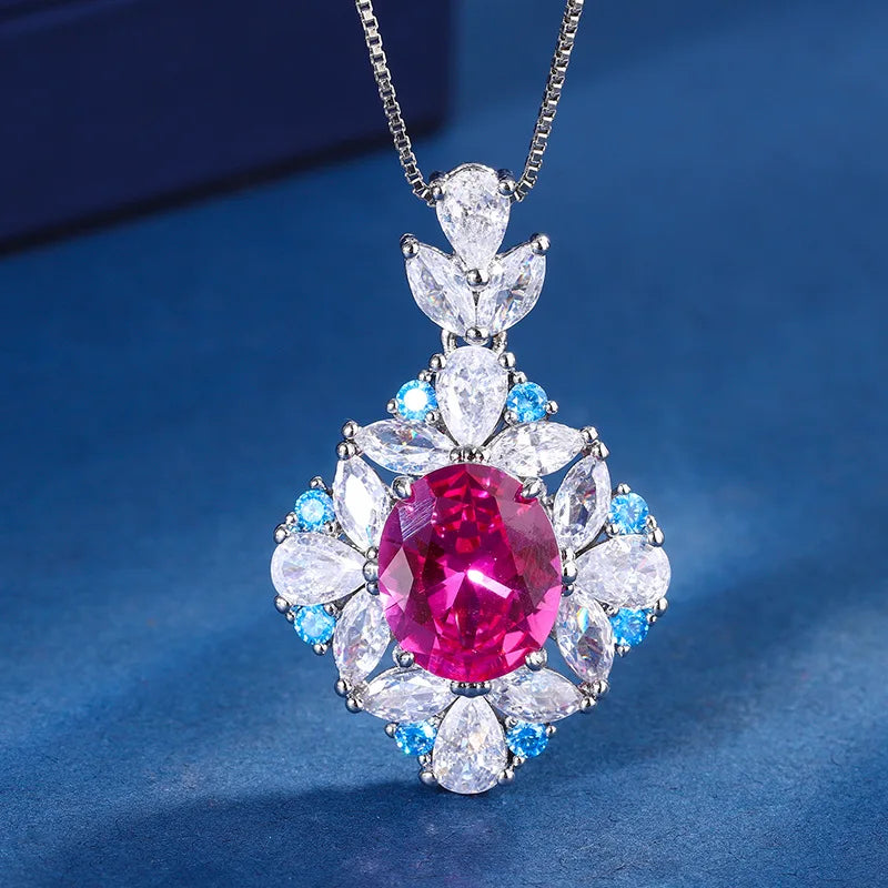Gemfiori Fashion Red Sapphire Jewelry Set Flower Halo with Blue White CZ Pendant Necklaces Ring Earring Luxury Multi-Color Jewelry Gifts