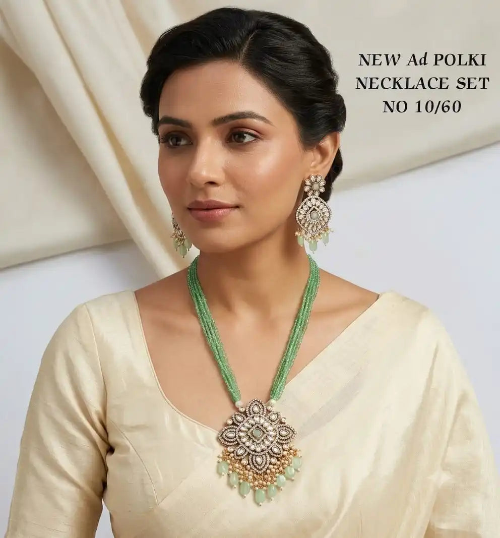 Luxury Sea Green AD Polki Pendant Necklace Set with Matching Earrings American Diamond Cubic Zirconia Antique jewellery set