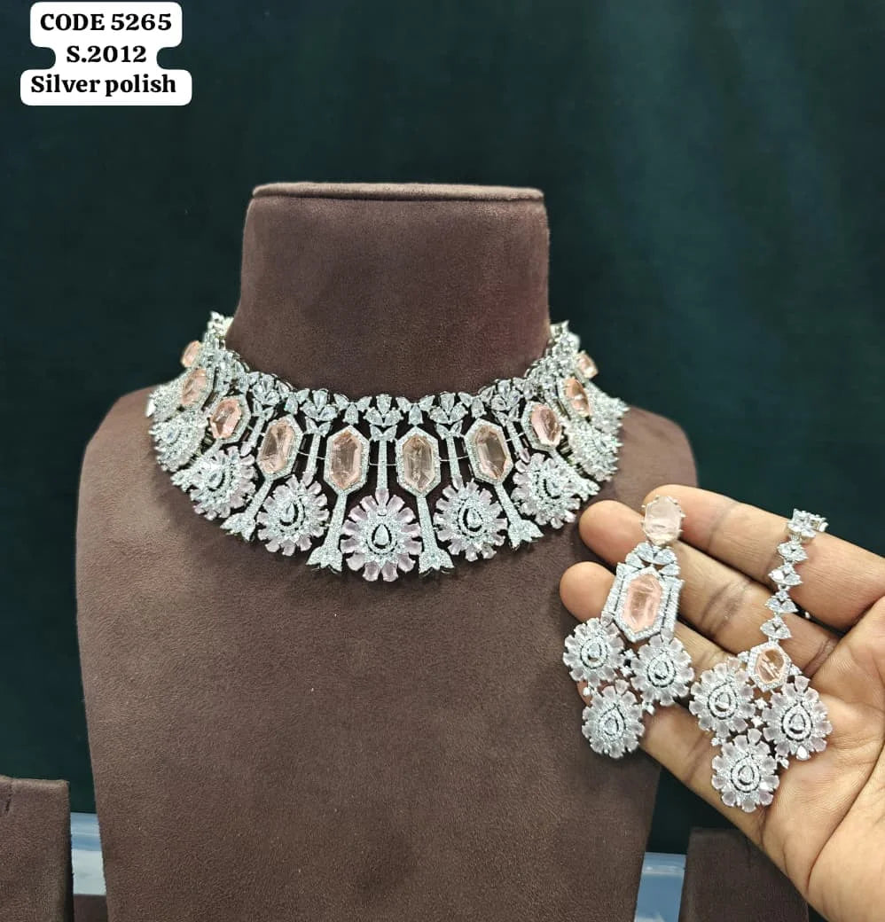 Luxury Silver Polish Ruby Emerald American Choker Necklace Set with Earrings & Maang Tikka Bridal Wedding Jewelry Set for Women