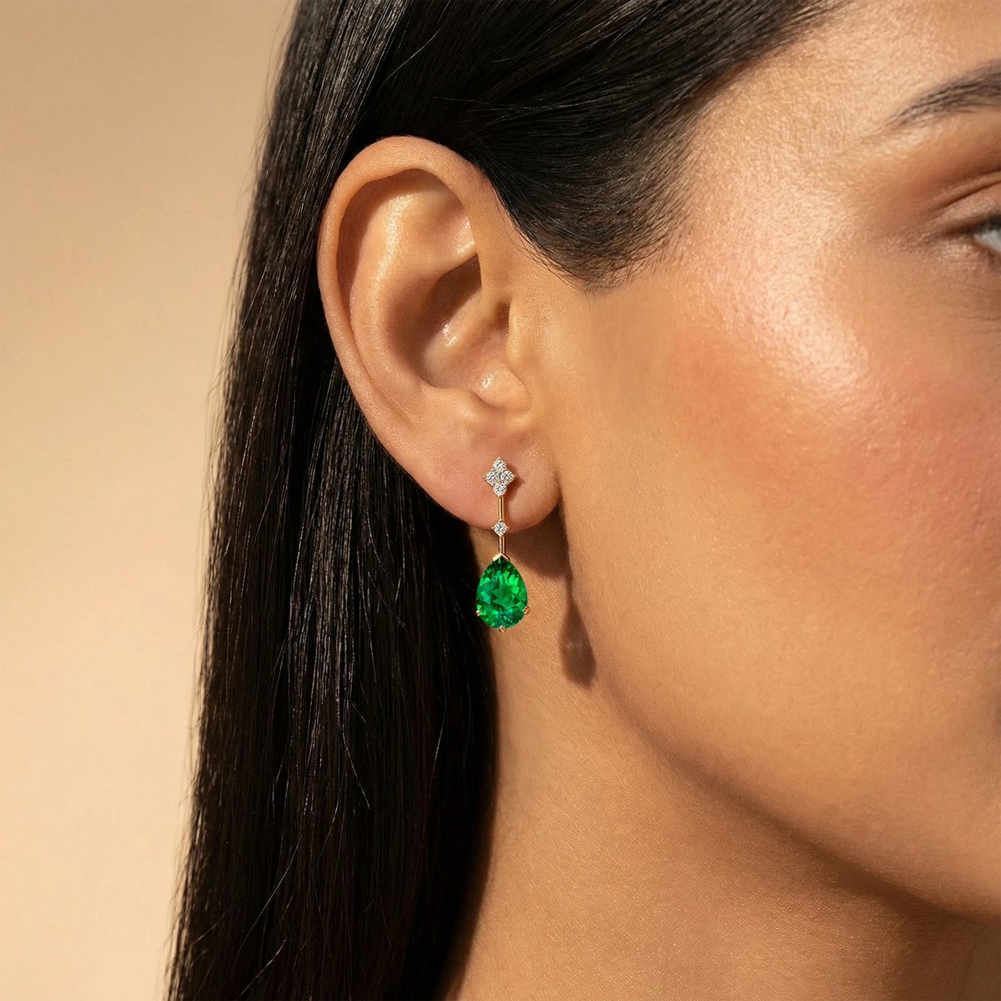 Handmade Cute Dainty Jewelry Lab Grown May Birthstone Emerald Gemstone & Real Diamonds Earrings For Her 18k Gold Rhodium Plated
