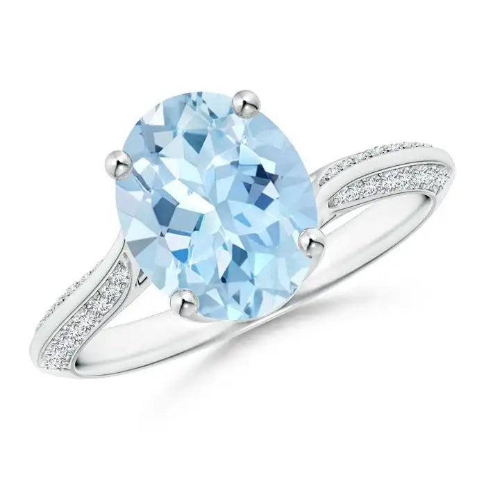 14K Pure Gold 10*8MM Oval Cut Natural 2.42Ctw Aquamarine Bypass Ring with Pave Sett 0.22Ct Diamond Accents Certified Trendy Ring