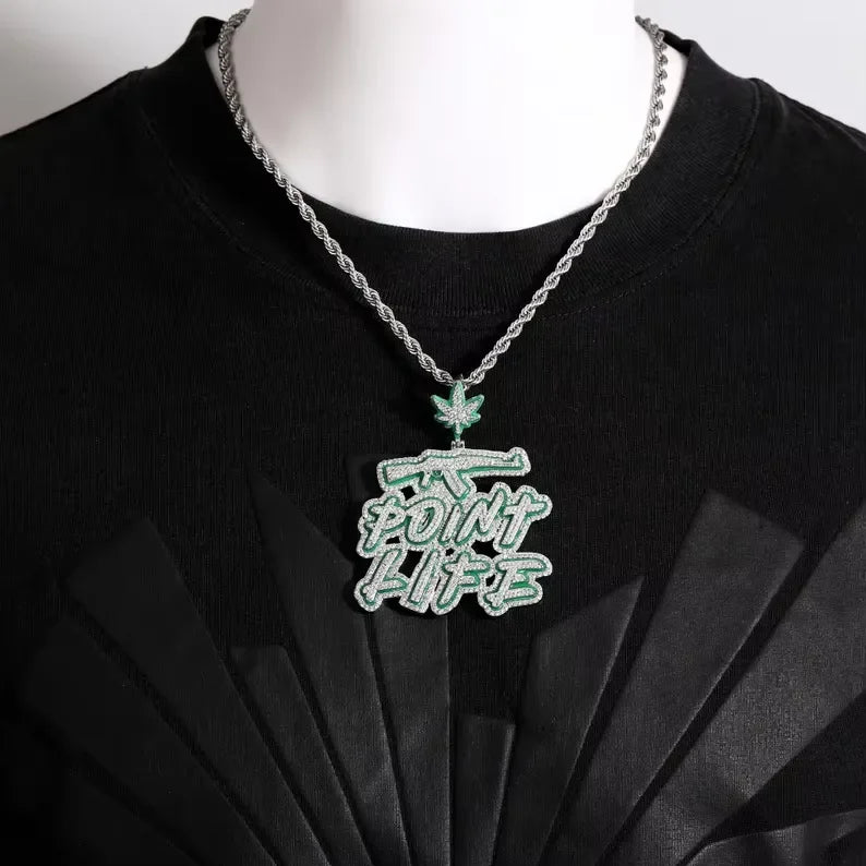 BiG-BOSS Iced Out Point Life Pendant with Green Moissanite and Rope Chain for Men