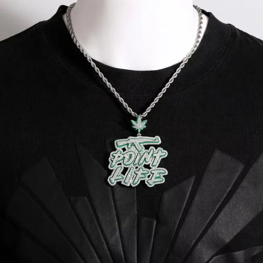 BiG-BOSS Iced Out Point Life Pendant with Green Moissanite and Rope Chain for Men