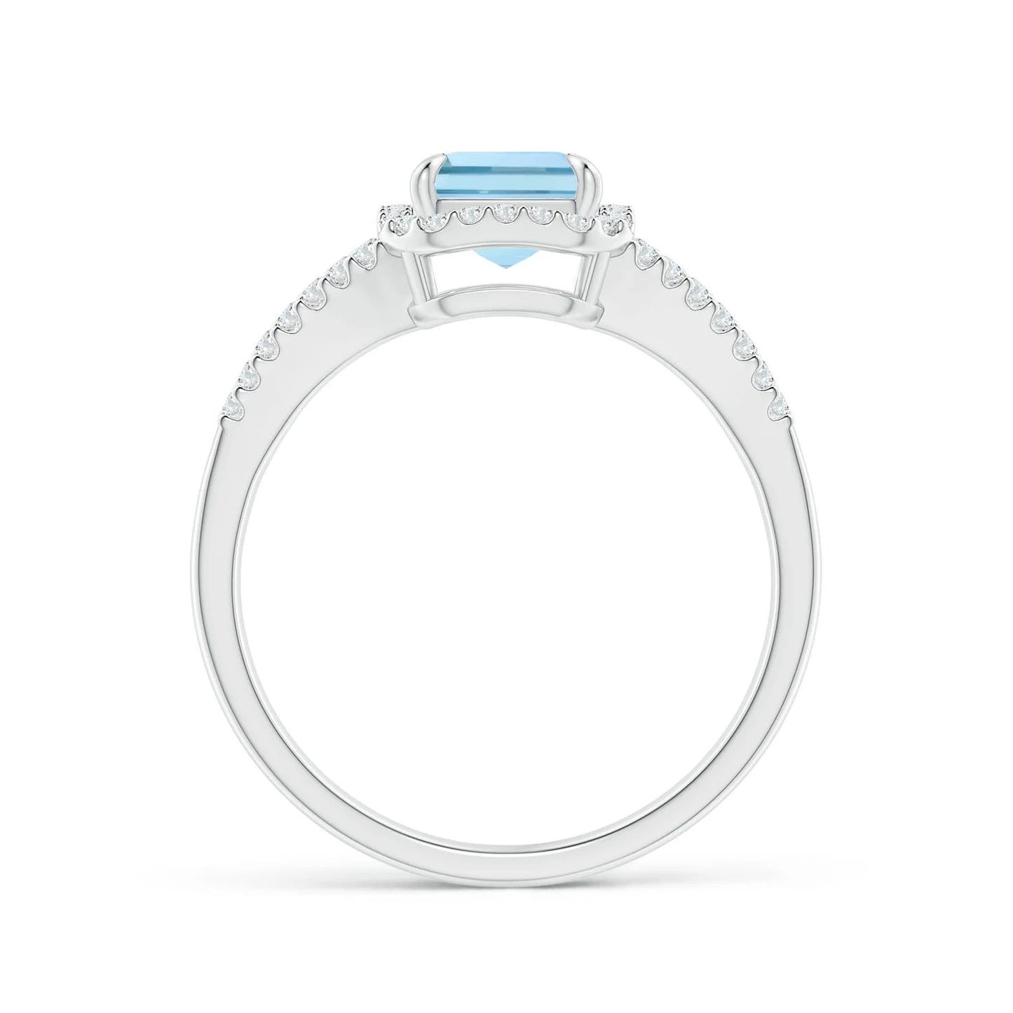 14K Gold Emerald-Cut Natural Aquamarine With Pave Accent Diamond Split Shank Halo Ring Custom Handmade Jewelry Engagement Ring