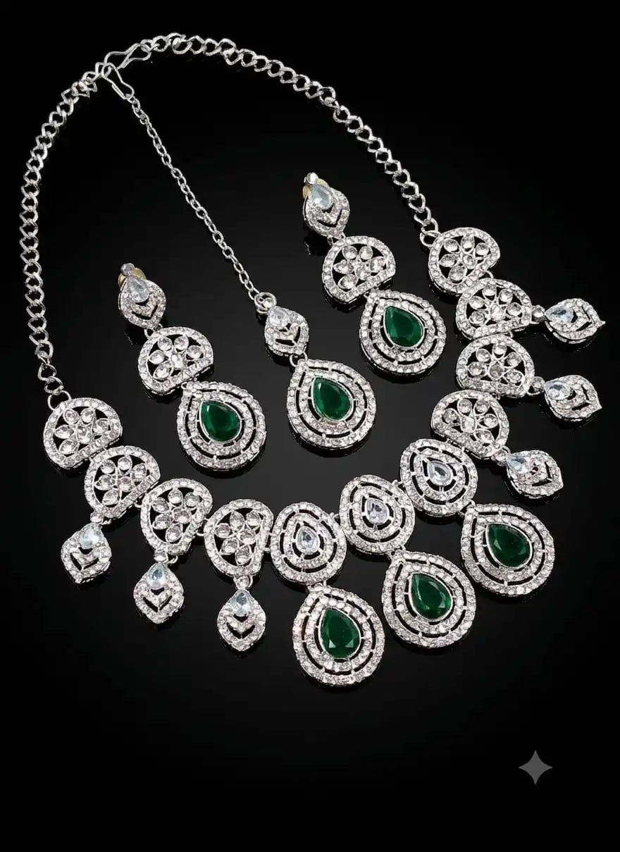 Luxury Blue Cubic Zirconia Bridal Jewelry Set Silver Plated Necklace Earrings Maang Tikka Wedding Wear Women Luxury set forgirl