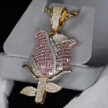BiG-BOSS Iced Out Rose Flower Men's Hip Hop Pendant with Freshwater Pearl Pink White Moissanite Stones Silver Plated Luxury Party Jewelry