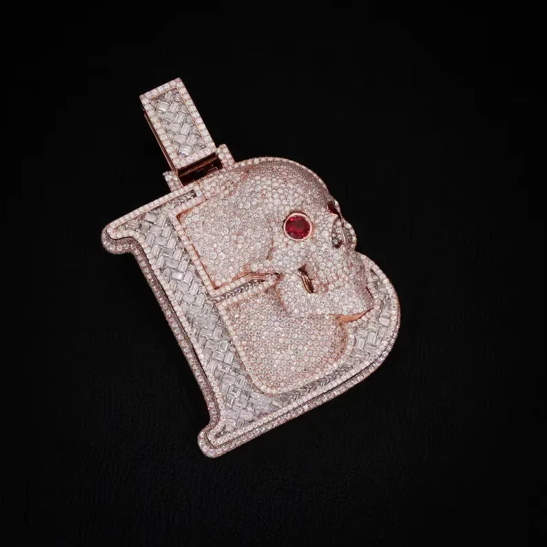 BiG-BOSS Iced Out Letter B Skull Pendant Sterling Silver Moissanite Custom Red Eye Design Luxury Hip Hop Statement Jewelry for Men Party