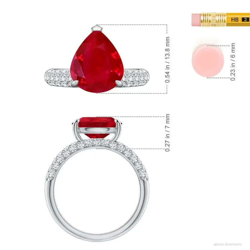 14K Solid Gold Off-Centered Pear Ruby Engagement Ring with Diamond Accents Handmade Customized Fine Jewelry Wedding
