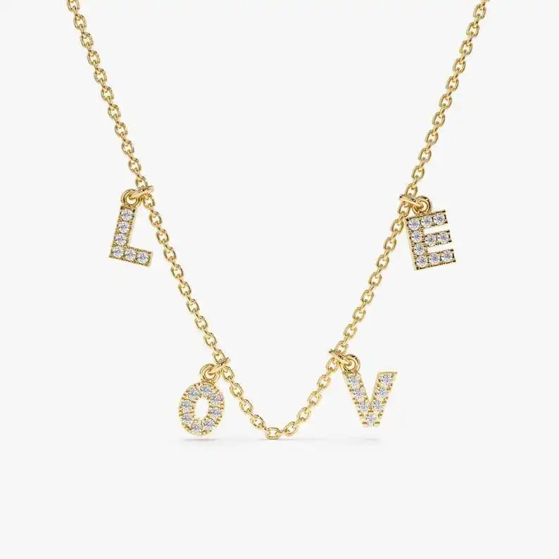 High Quality 9K Solid Gold Natural Diamond Studded LOVE Letter Necklace 32 Diamonds 0.12 Carat Custom Made Luxury Romantic Charm