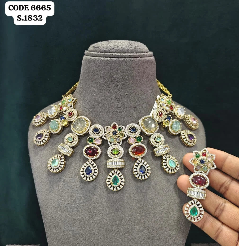 Luxury Multi Gemstone Statement Choker Necklace Set Elegant Vintage Pear Cut Gold Plated Bridal Wedding Jewelry Set For Women