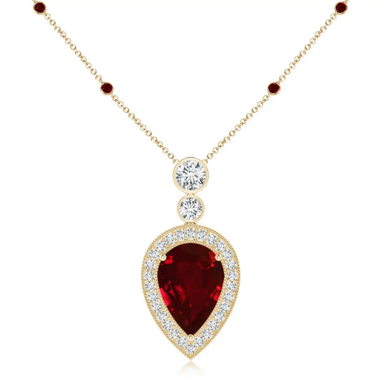 14K Solid Gold Inverted Pear Natural IGI Certified Claw Sett 0.85 Ctw Red Ruby Pendant With 0.21Ct Accented Pave Diamond Pendant