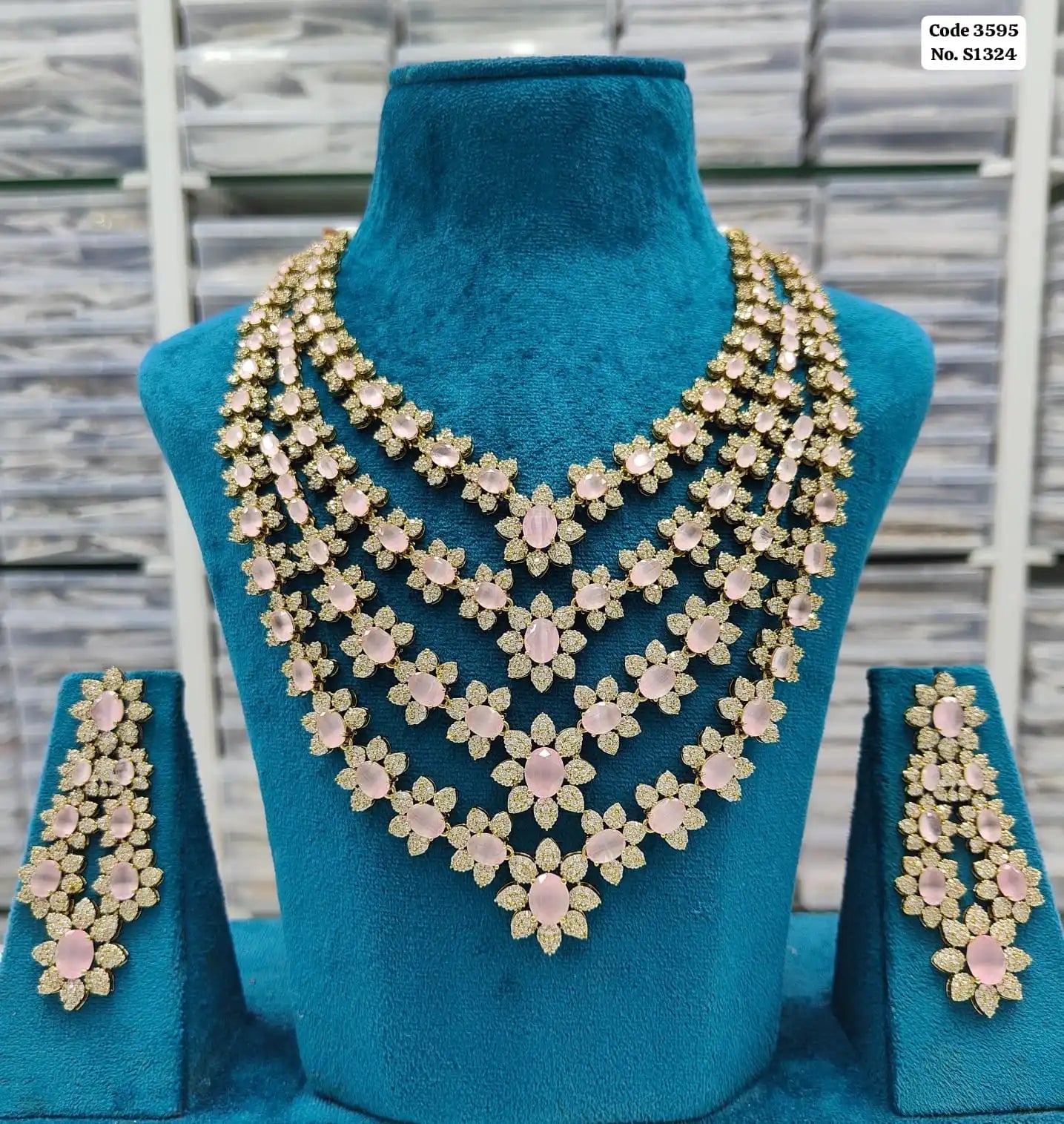 Elegant Emerald Green & AD Accented Multi-Tiered Step Necklace Set with Earrings Set For Women
