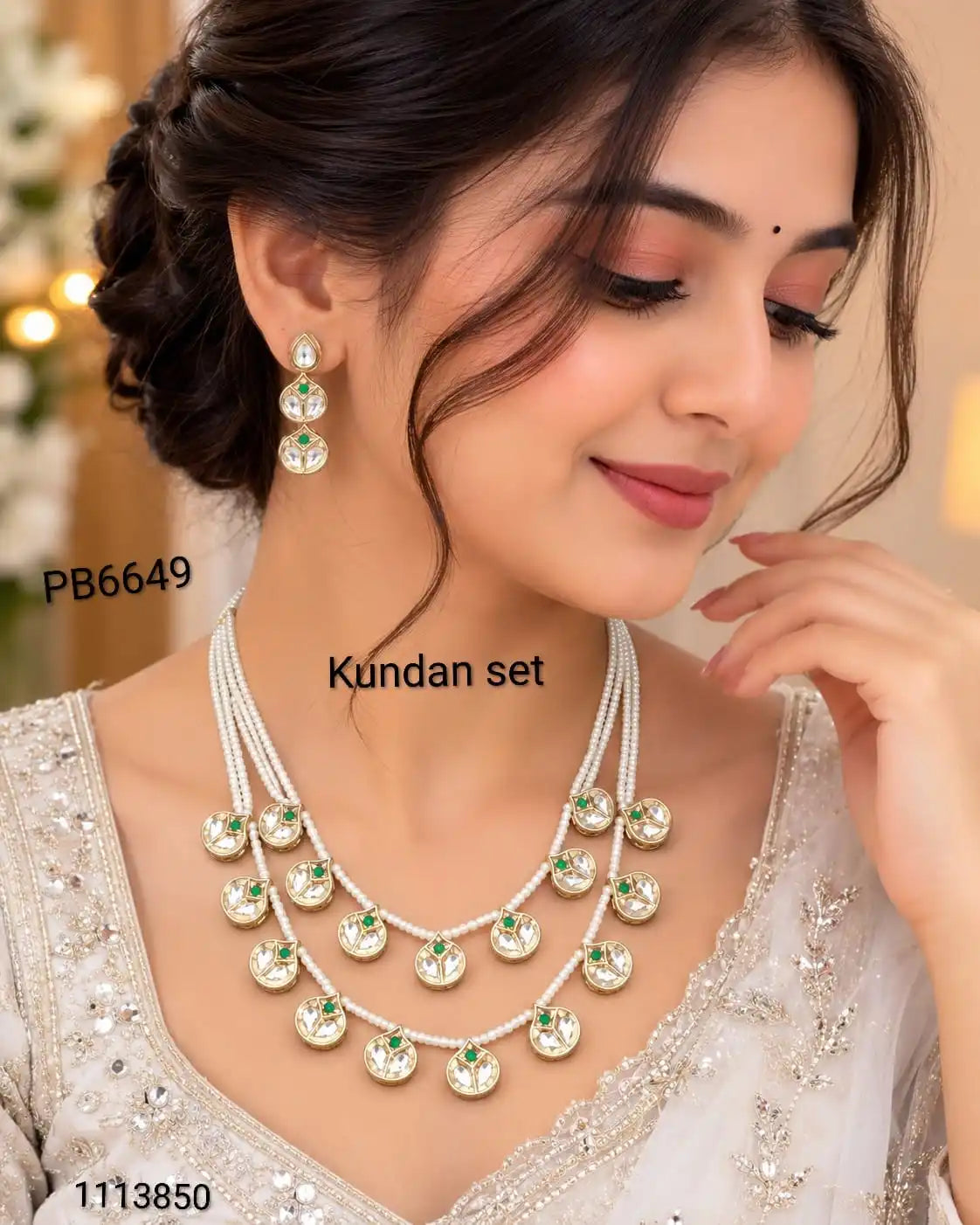Luxury Kundan Pear l Layered Necklace Set & Green Stone Earrings Traditional Indian Bridal Wedding Jewelry for Women Party Wear