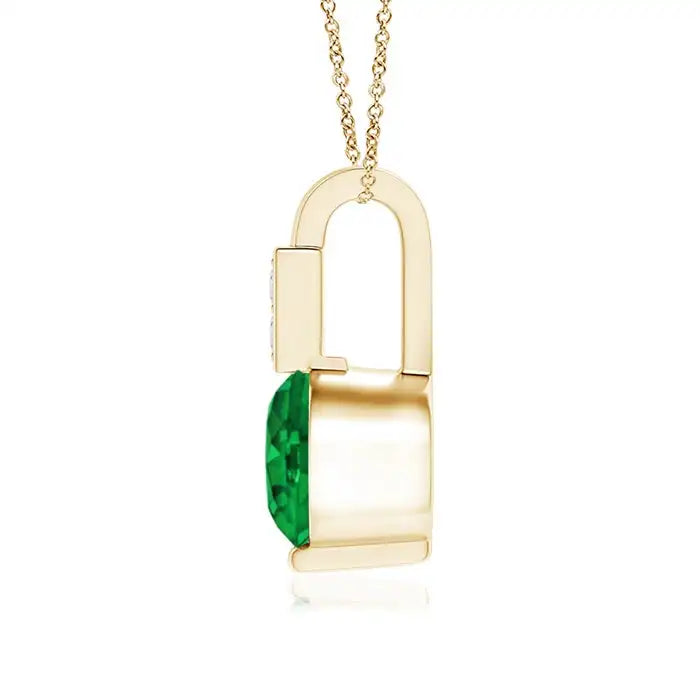 14K Pure Gold Bezel Sett Natural 5mm Round Cut 0.45 Ct Emerald Solitaire Pendant With Diamond Bale Classic Handmade Fine Jewelry